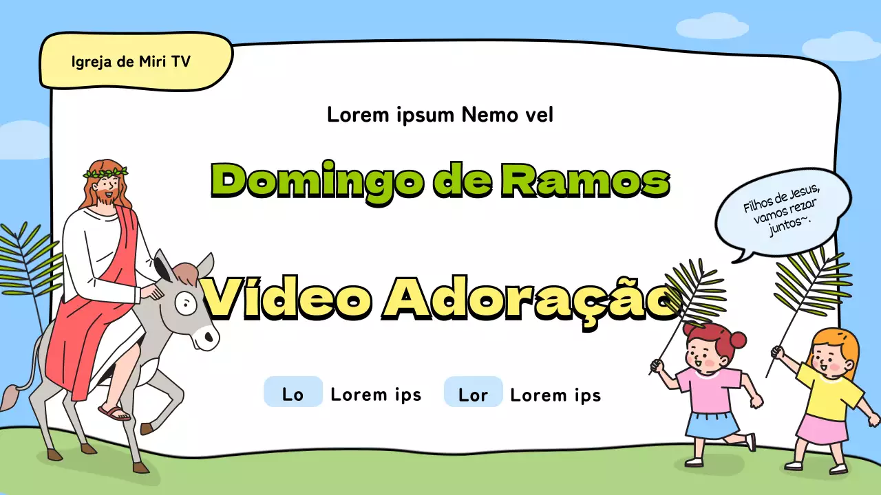 Miniatura no YouTube de um vídeo de culto de Domingo de Ramos ilustrado e giro