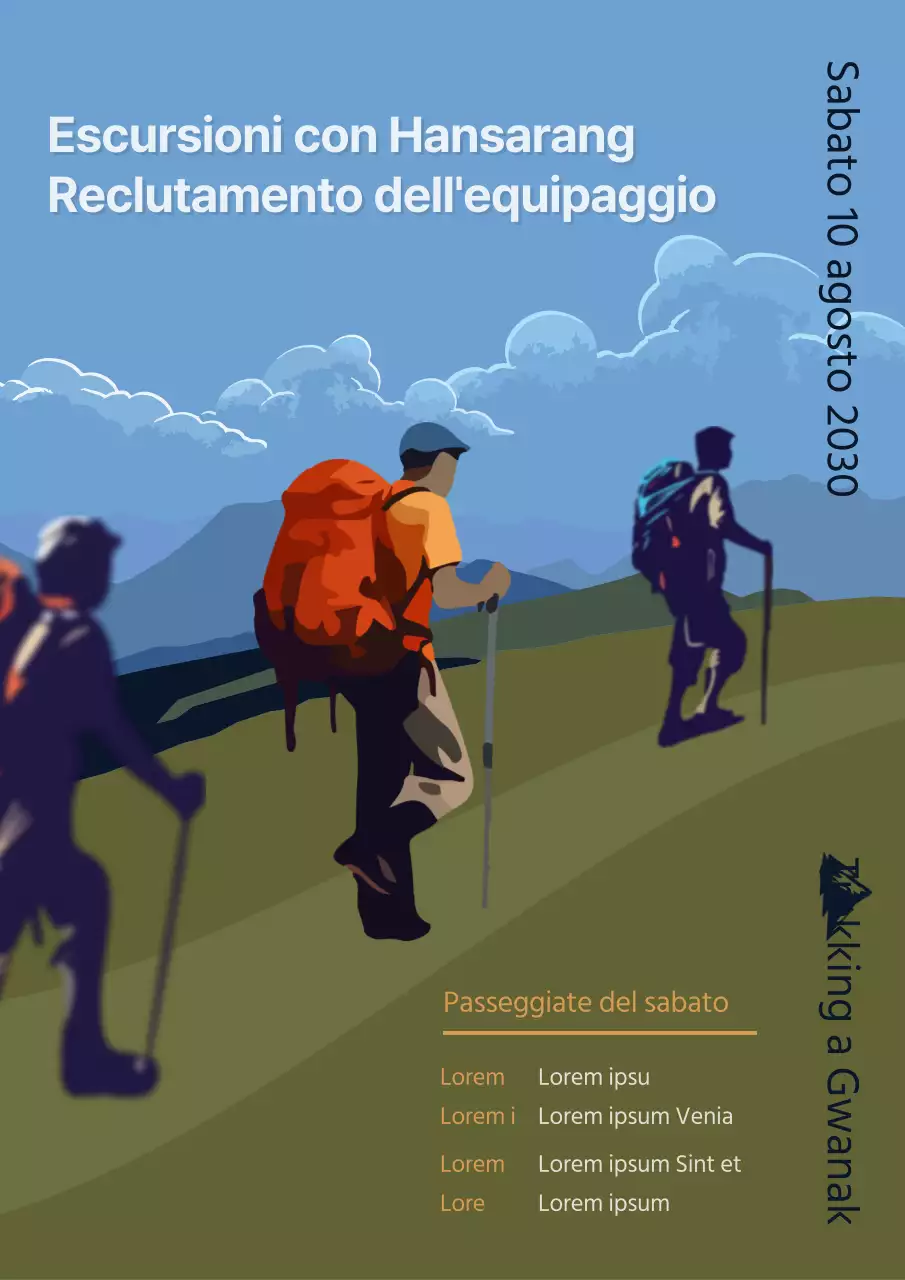 Reclutamento di un gruppo di escursionisti con illustrazioni blu e verdi