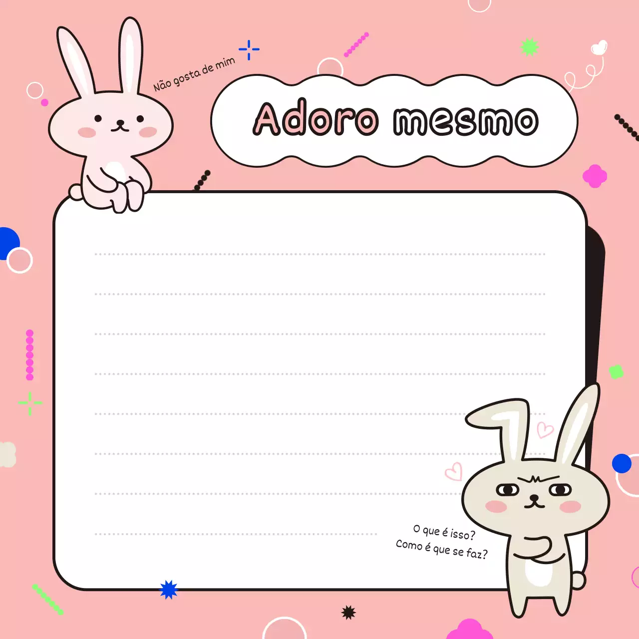 Artigos de papelaria com personagens de coelhinhos cor-de-rosa e brancos e letras escritas à mão