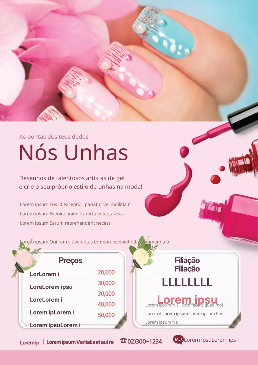 Um folheto a promover um menu colorido de um salão de unhas em cor-de-rosa.
