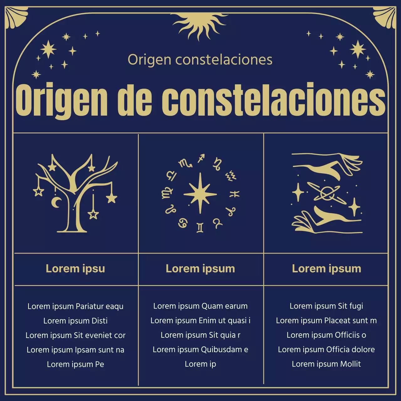 Los orígenes y horóscopos de los astros en místicas ilustraciones de cartas de tarot en azul marino y dorado