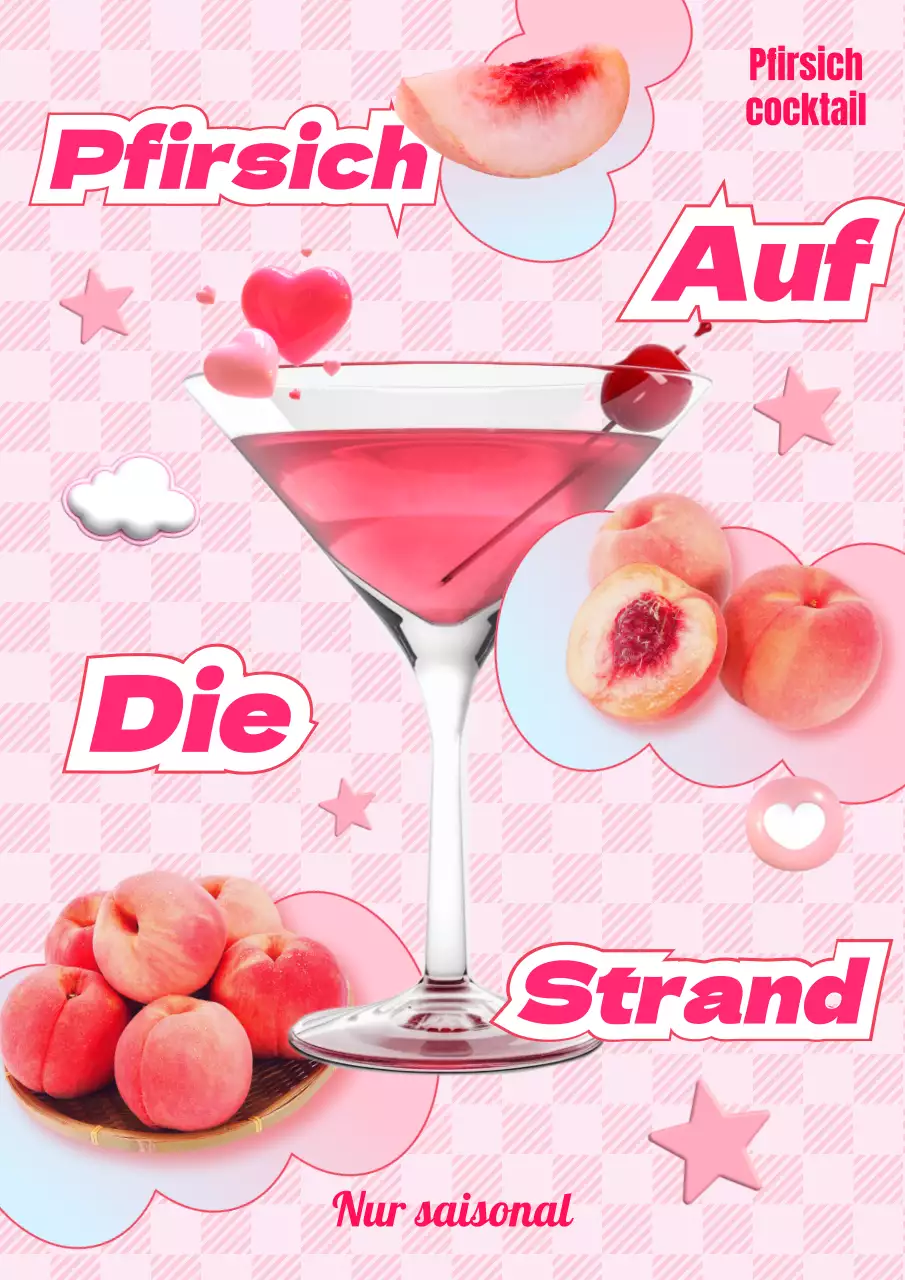 Kitschige und liebenswerte Pfirsich-Cocktail-Werbegrafik mit rosa und hellblauen 3D-Emojis
