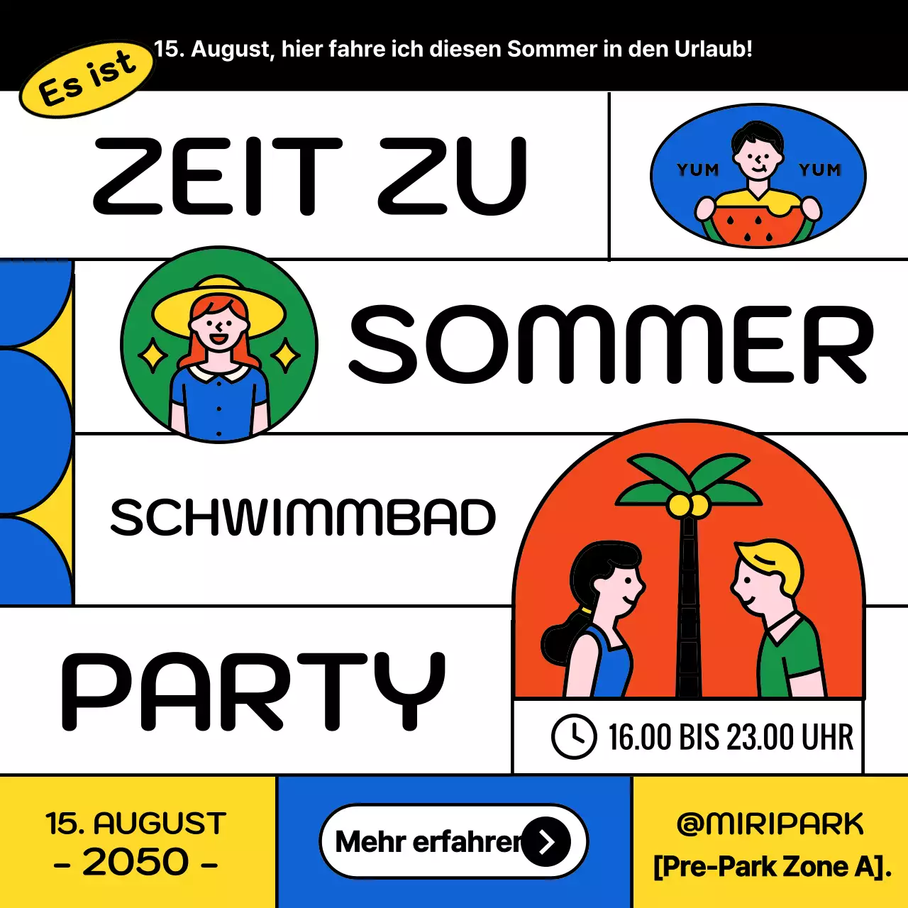 Sommerliche Poolparty-Ankündigung mit einem Hauch von Schwarz und Weiß