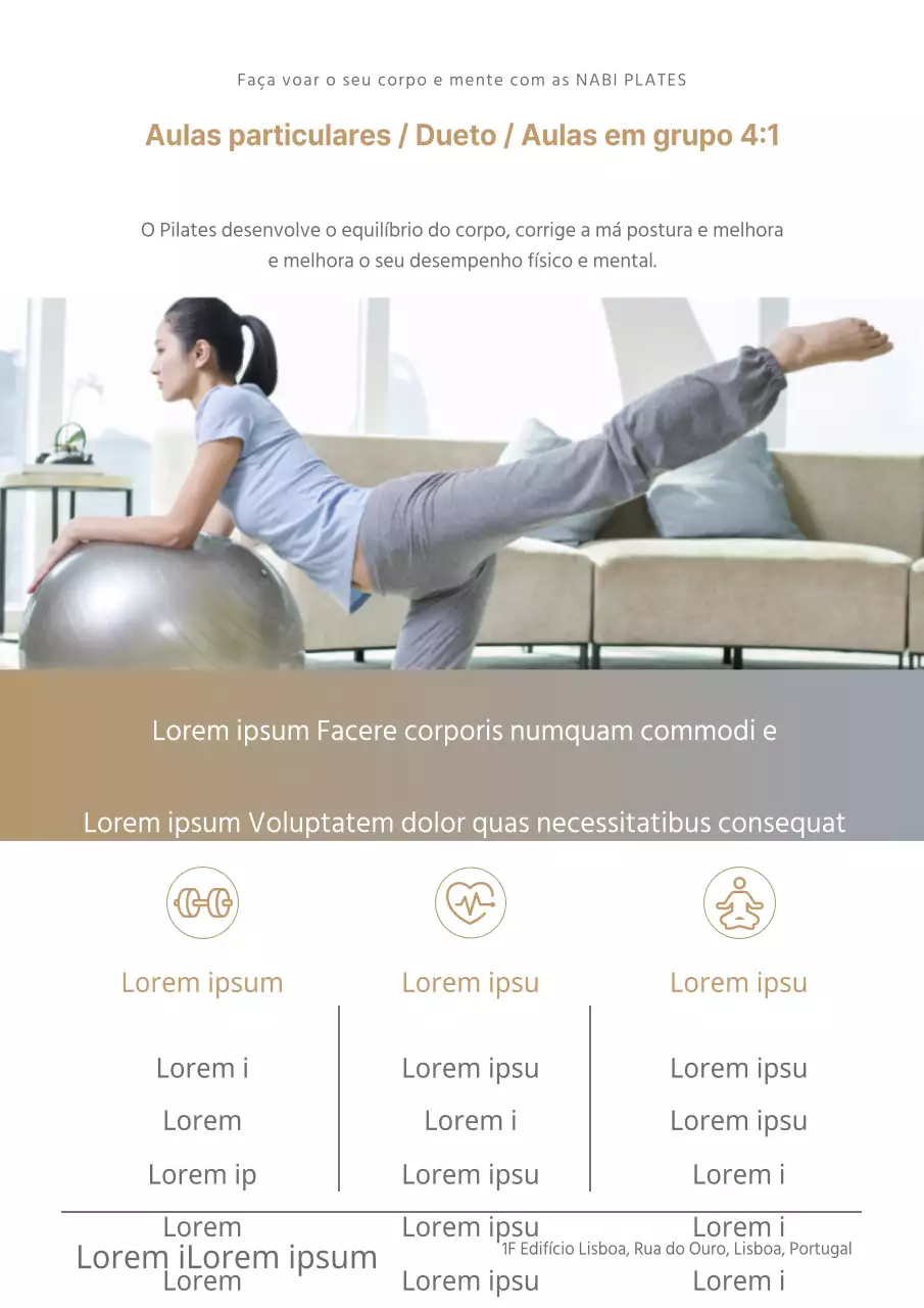 Promover uma escola de Pilates de luxo com uma fotografia de uma mulher a fazer Pilates em ouro.