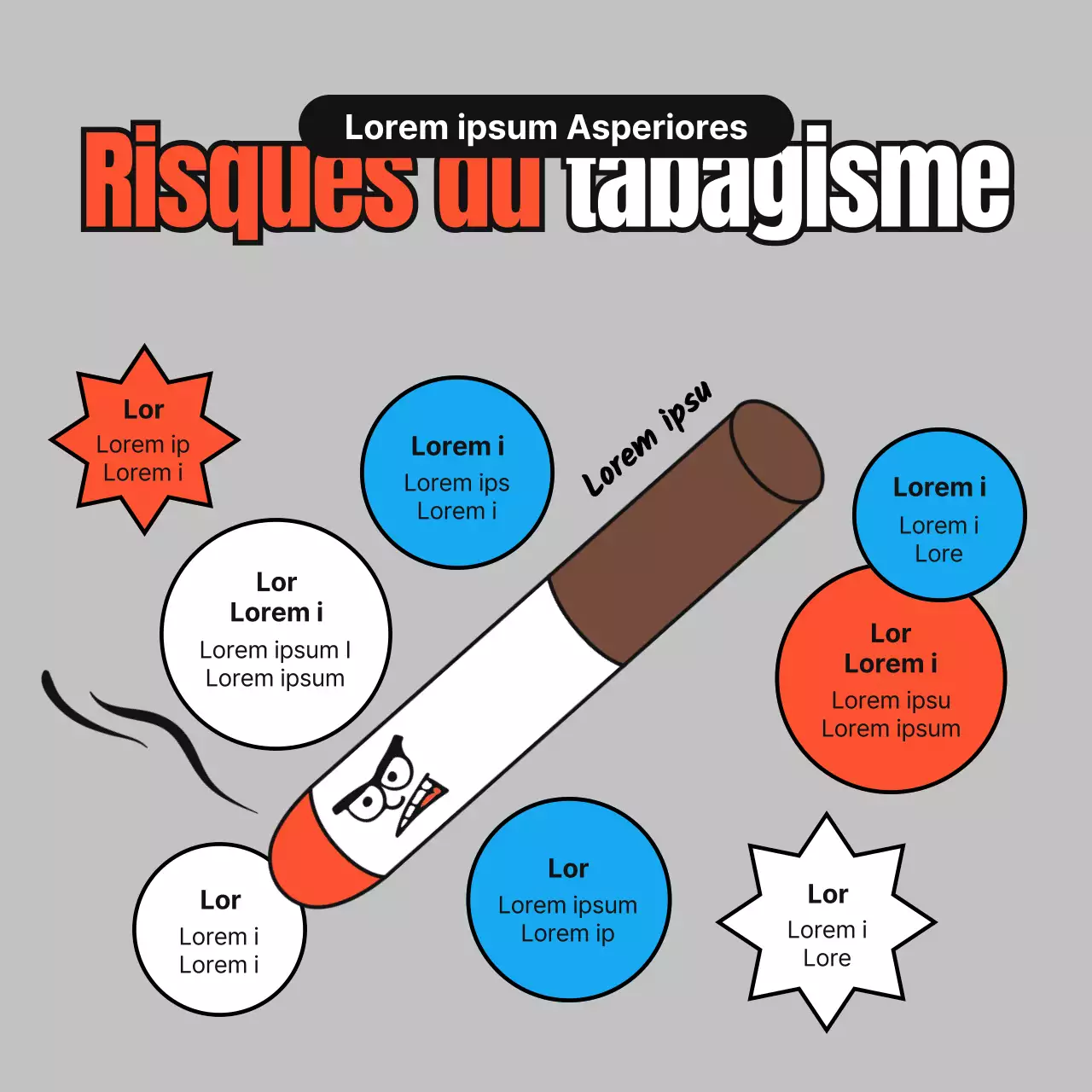 Des illustrations simples et mignonnes en rouge, bleu et gris sur la façon d'arrêter de fumer.