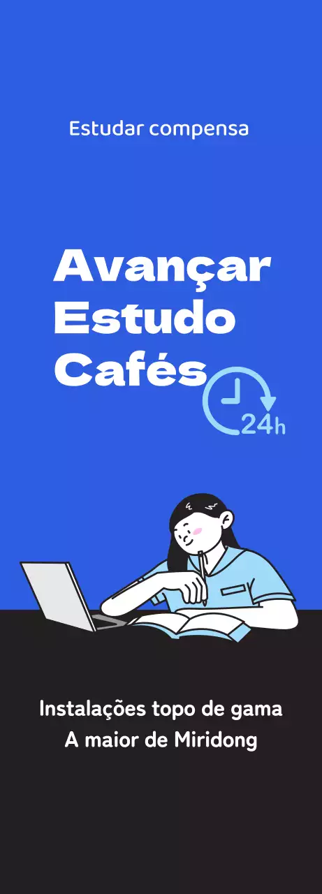 Promover um café de estudo limpo com uma ilustração de um estudante a estudar sobre um fundo azul