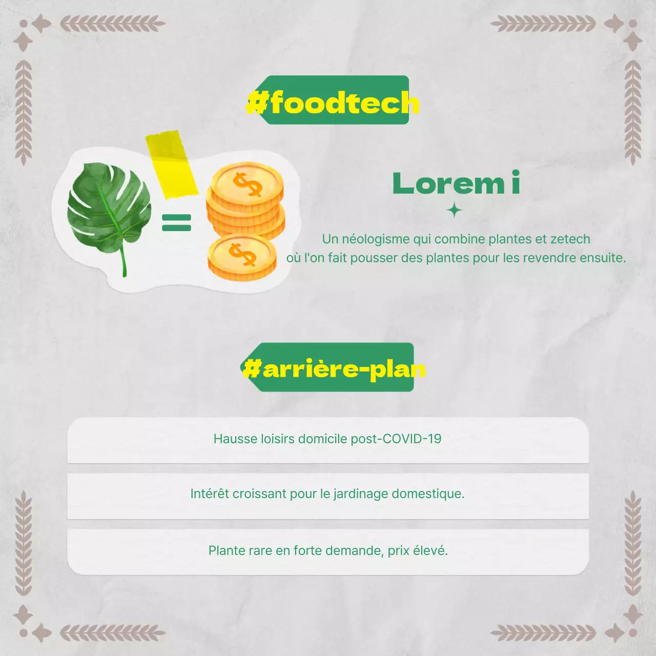 Informations botaniques dans un concept de papier vintage utilisant des verts et des gris