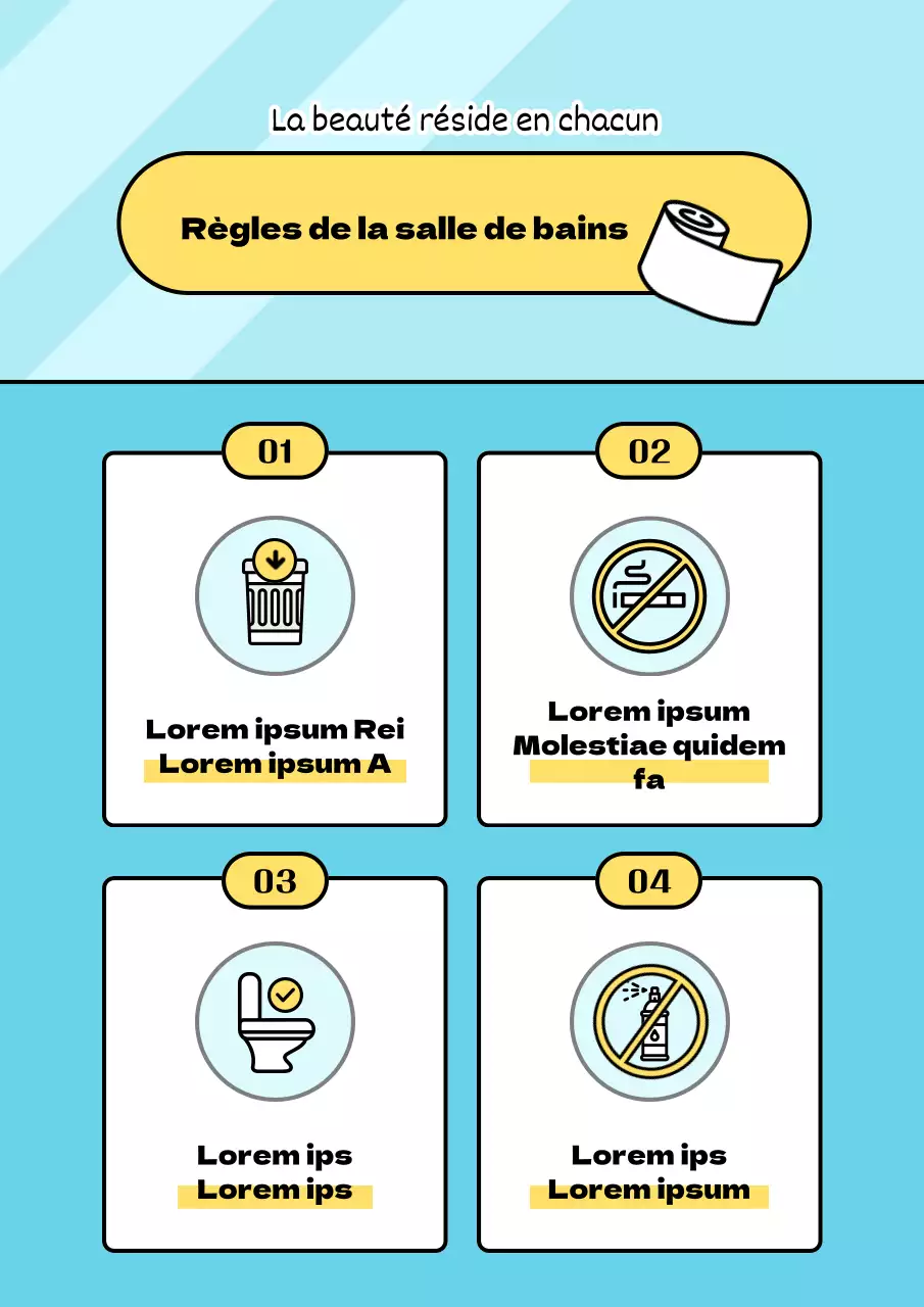 Guide d'étiquette pour des toilettes propres et bien rangées, bleu clair et jaune