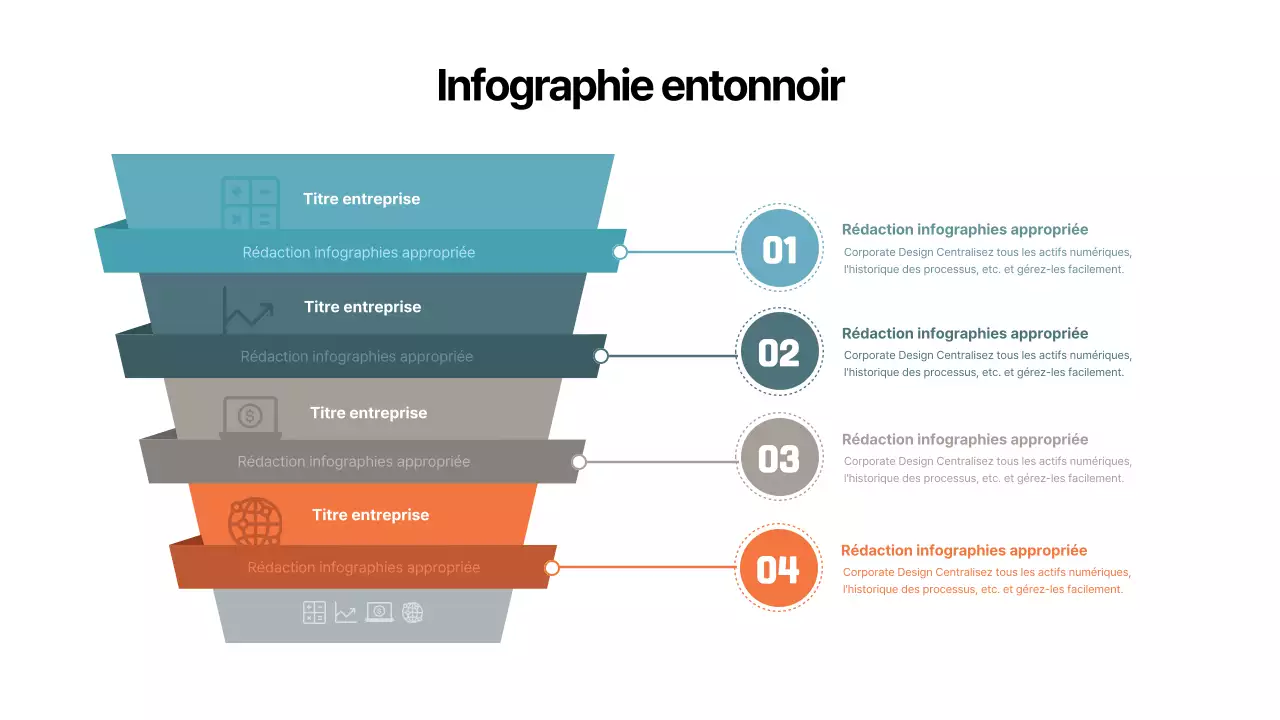 Infographie d'entreprise simple en forme d'entonnoir avec des couleurs discrètes