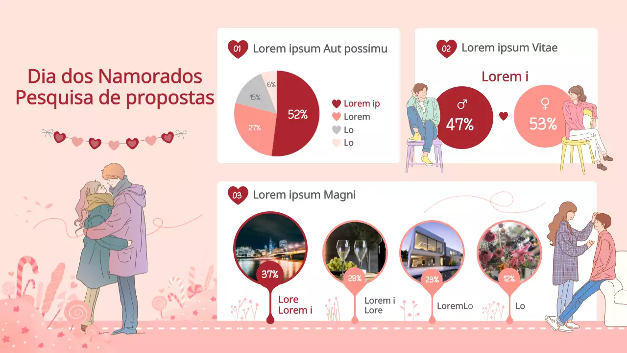 Pesquisa de propostas cor-de-rosa e vermelhas para o Dia dos Namorados