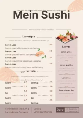 Menütafel in einem Sushi-Restaurant mit gelben Fotos und Fischabbildungen