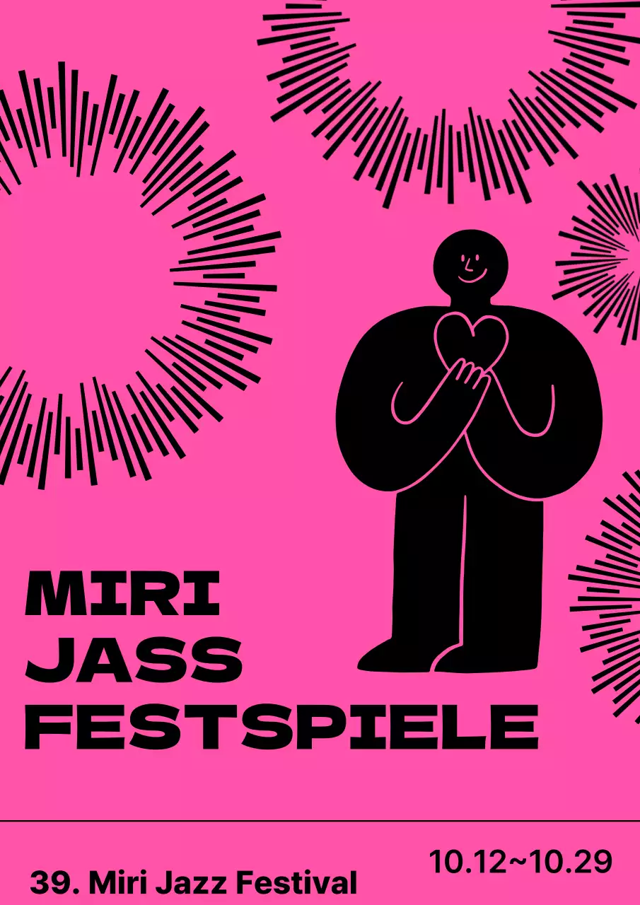 Jazz-Festival-Konzert mit einfachen, liebenswert illustrierten Figuren in Rosa und Schwarz
