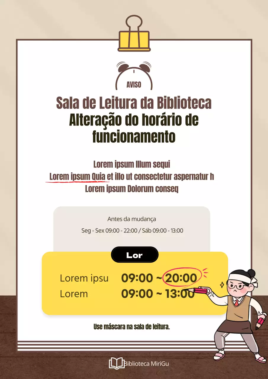 Um bonito aviso de mudança de horário da sala de leitura em castanho e amarelo