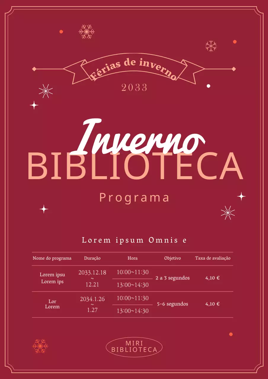 Programa de férias de inverno da biblioteca em vermelho