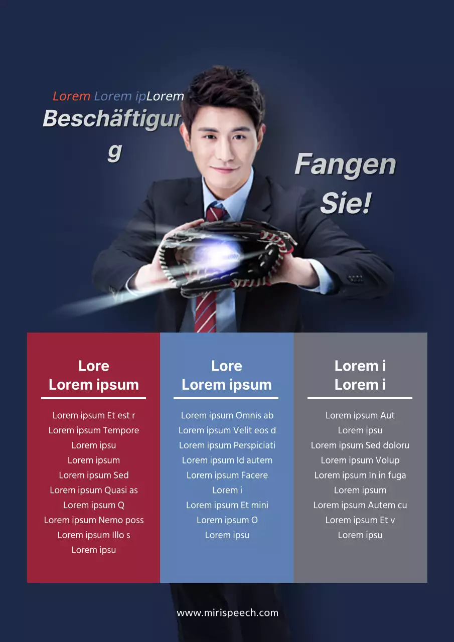 Werbung für eine Arbeitsvermittlungsagentur mit einem Bild eines Mannes, der einen marineblauen Ball hält.