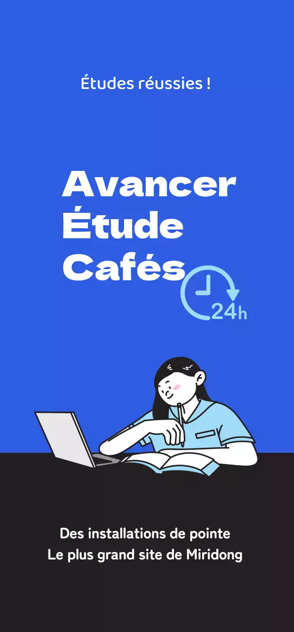 Promouvoir un café d'étude propre avec l'illustration d'un étudiant en train d'étudier sur un fond bleu.