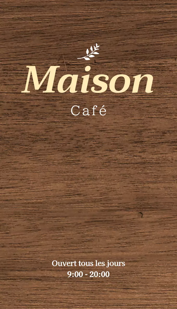 Signalétique simple d'un café avec un texte sur le café maison et des illustrations de feuilles