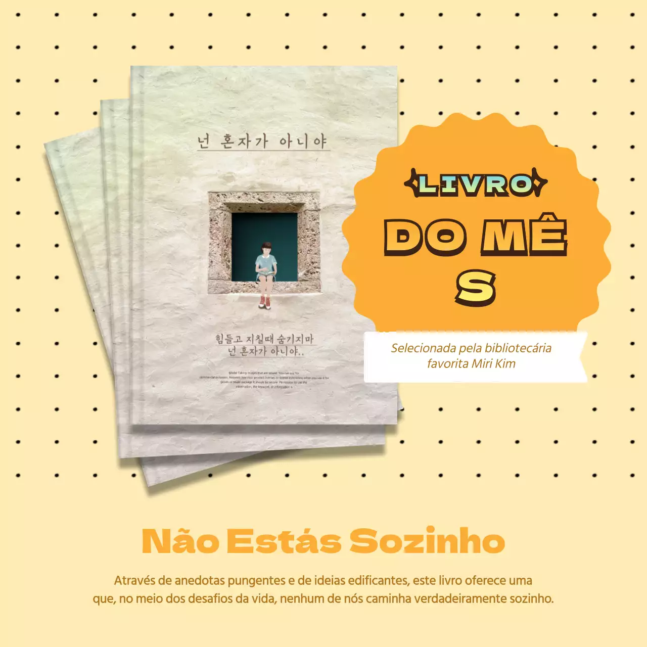 Promoção brilhante de recomendação de livros com fundo amarelo e pontilhado V1