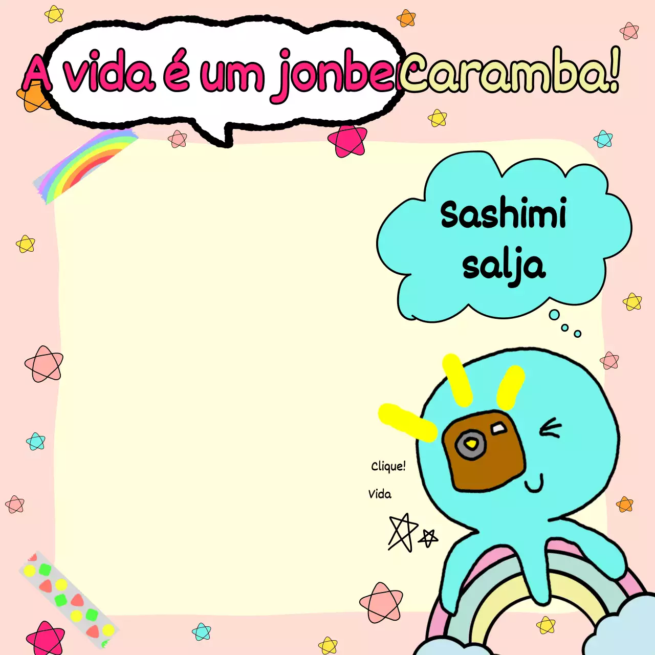 Um doodle divertido com um fundo cor-de-rosa e uma personagem de polvo azul claro.