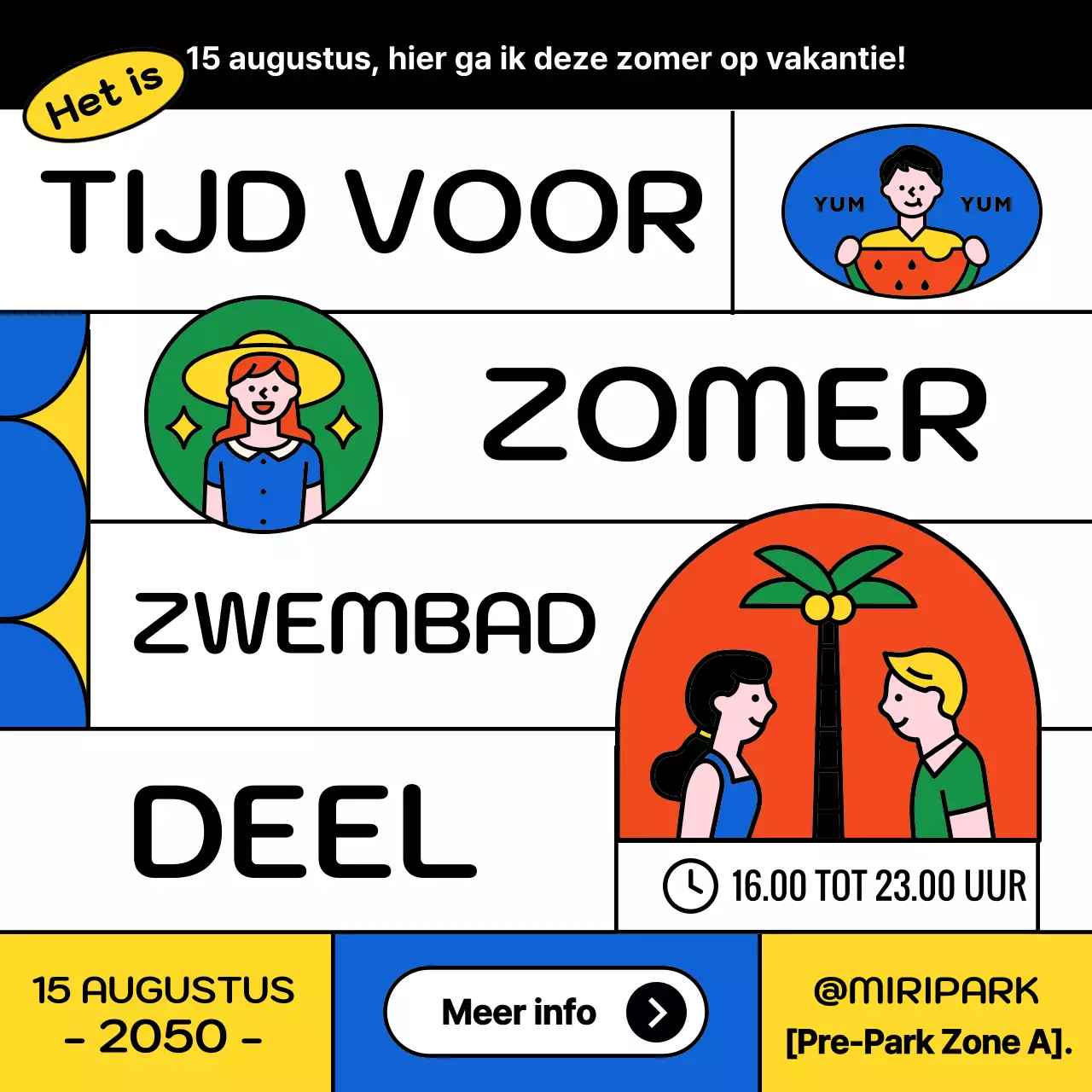 Zomerse aankondiging voor een zwembadfeest met zwart en wit