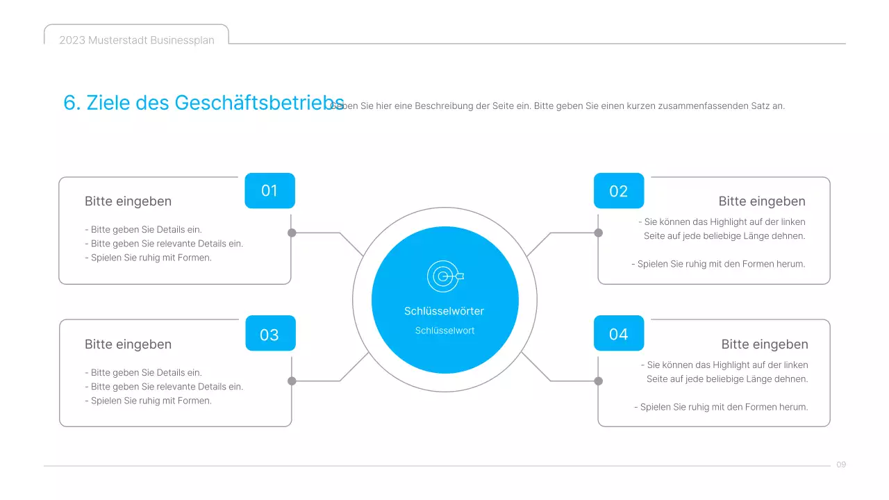 Eine saubere, blau-weiße Businessplan-Präsentation für kulturelle Inhalte
