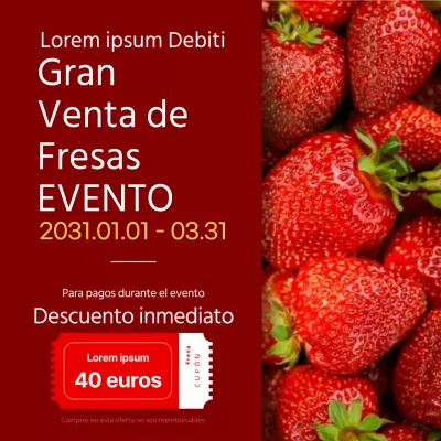 Imagen sencilla de fresas rojas y evento de descuento en caja