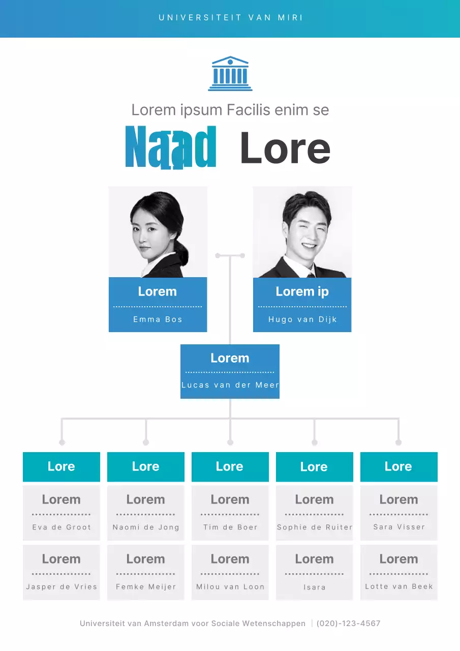 Een strak blauw-wit organigram van de studentenvereniging