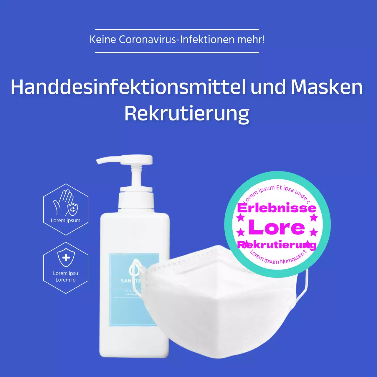 Blau Inländisch hergestellte Quarantäneprodukte Handdesinfektionsmittel Masken Rekrutierung von 100 Freiwilligen zum Testen der Masken Werbeplätze in den sozialen Medien