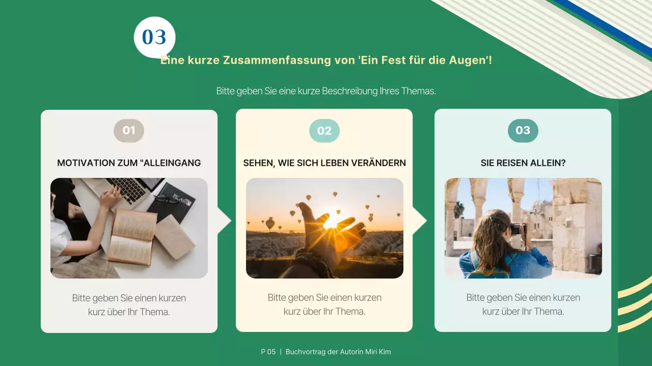 Eine einfache grün-blaue Präsentation zur Buchvorstellung