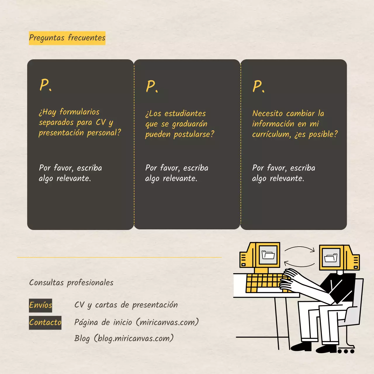 Puesto de trabajo en prácticas con fondo de papel texturizado e ilustración en amarillo y negro