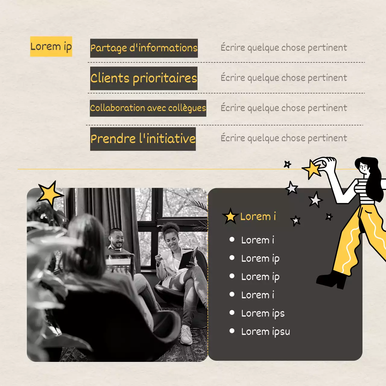 Offre d'emploi pour un stage sur fond de papier texturé et illustration en jaune et noir