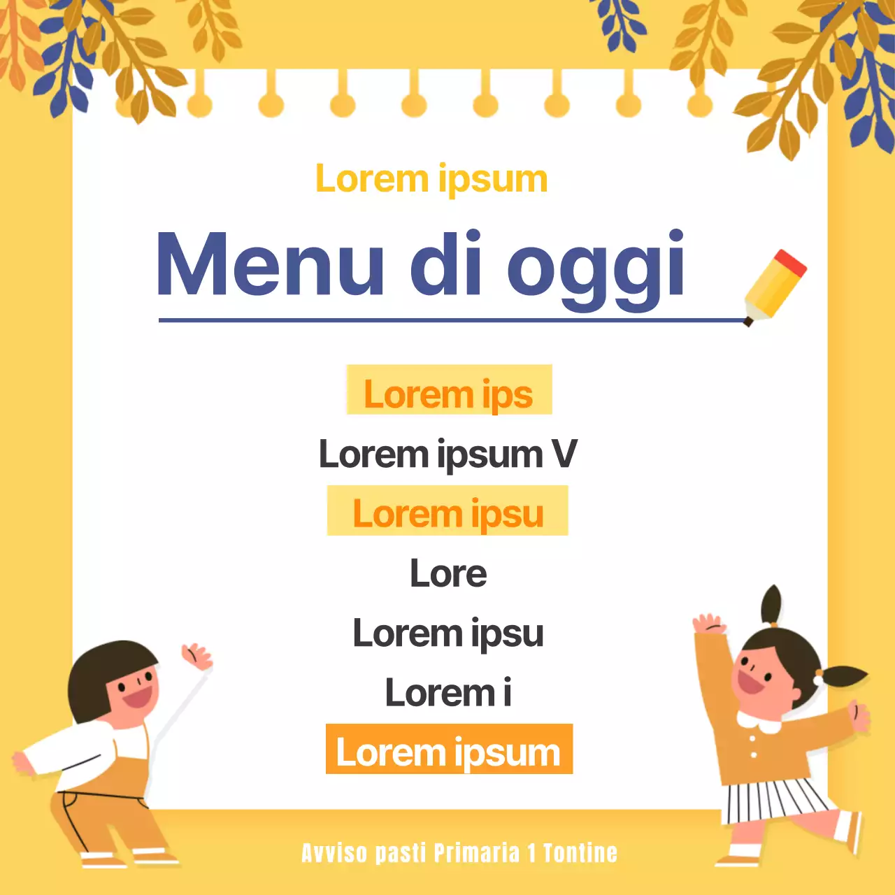 Giallo blu marino Menu di oggi Scuola elementare Pranzo giornaliero Tavola Mobile Avviso