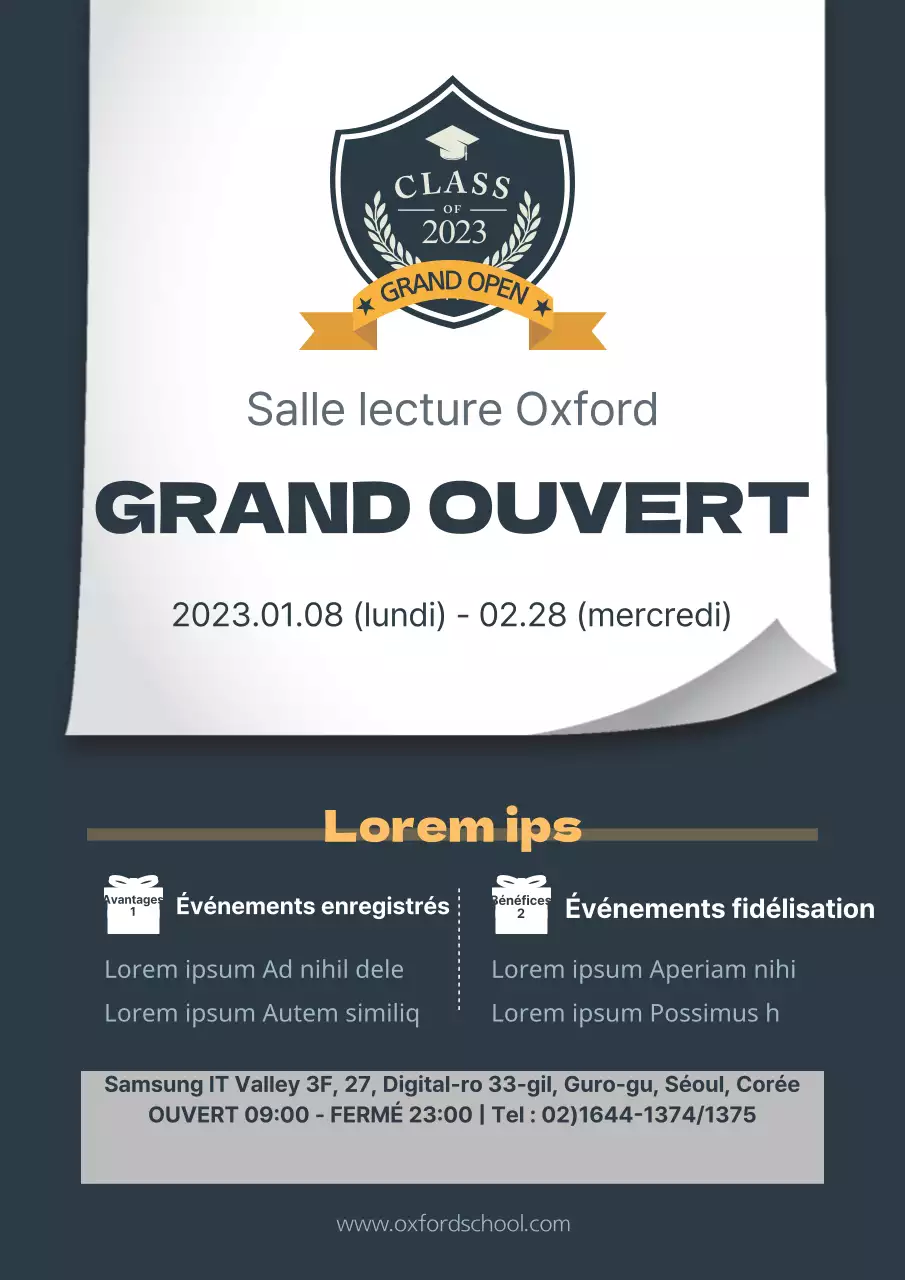Promouvoir l'ouverture d'une salle de lecture avec un emblème bleu marine de grande classe