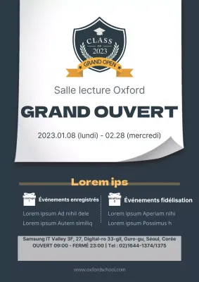 Promouvoir l'ouverture d'une salle de lecture avec un emblème bleu marine de grande classe
