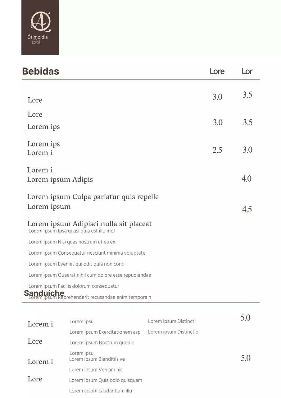 Um menu simples de um salão de massagens com texto a preto e um design simples