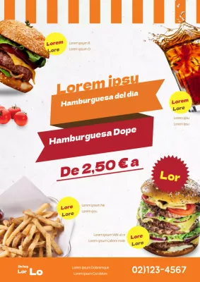 Folleto promocional del menú de venta de la hamburguesa del día en naranja y rojo