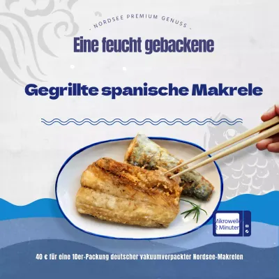 Eine Werbung für gegrillte spanische Makrele von der Insel Jeju in ihrer natürlichen blauen und grauen Farbgebung