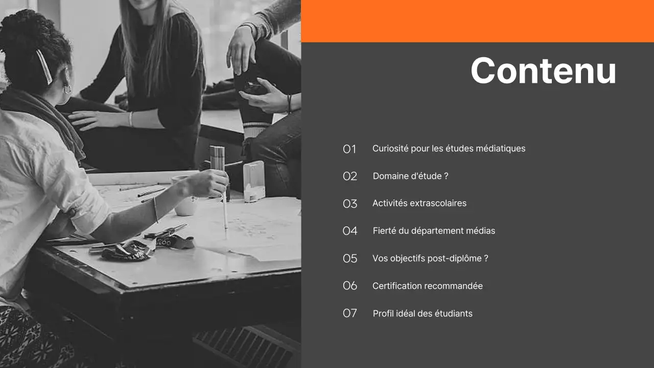 Gris et orange modernes présentation du service des relations publiques de l'université