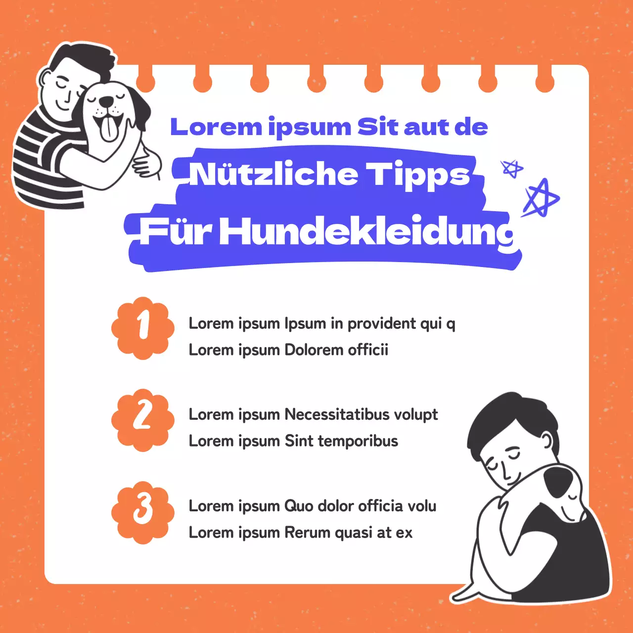 Werbung für Hundebekleidung mit orangefarbenen und blauen Akzenten