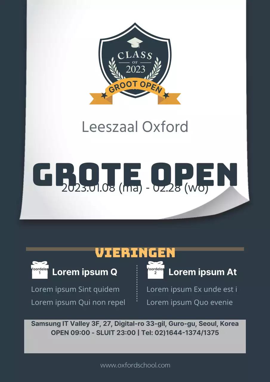 Promoot de opening van een leeszaal met een stijlvol marineblauw embleem