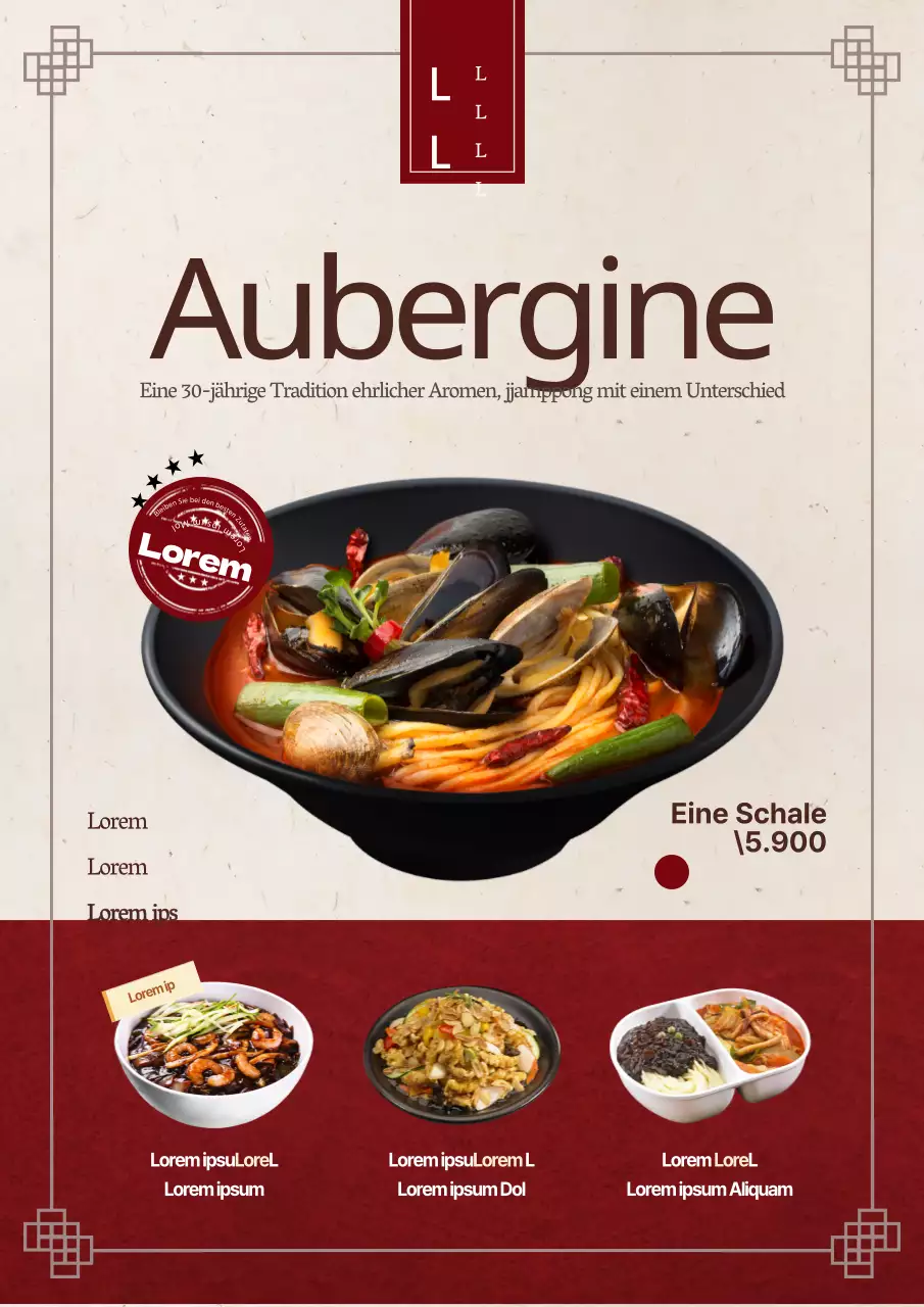 Flyer mit Empfehlungen für die Speisekarte eines Ramen-Restaurants mit traditionellem Konzept