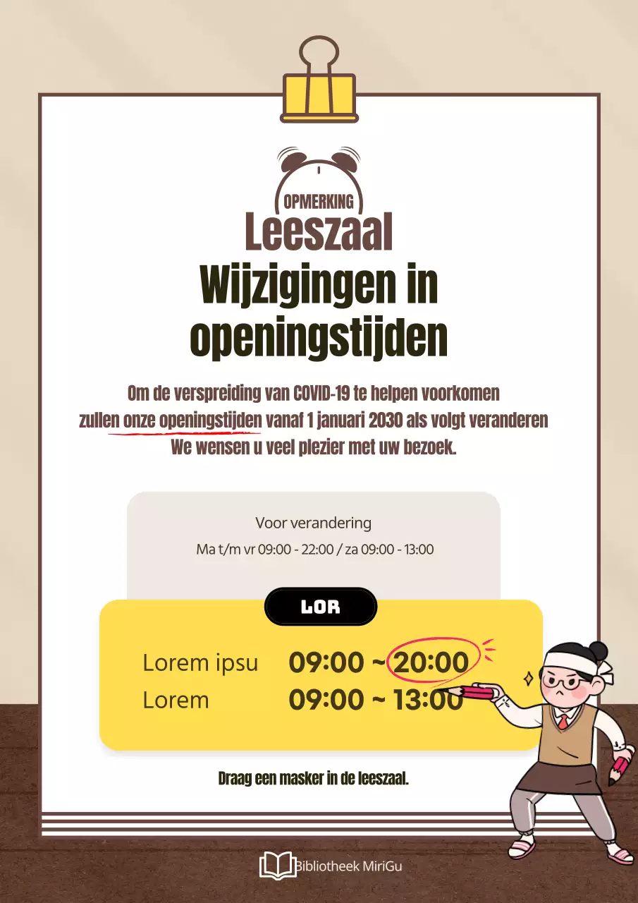 Een schattige bruin met gele aankondiging voor het veranderen van de openingstijden van de leeszaal