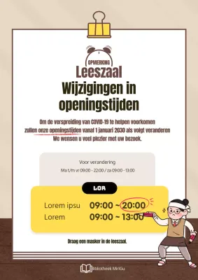 Een schattige bruin met gele aankondiging voor het veranderen van de openingstijden van de leeszaal
