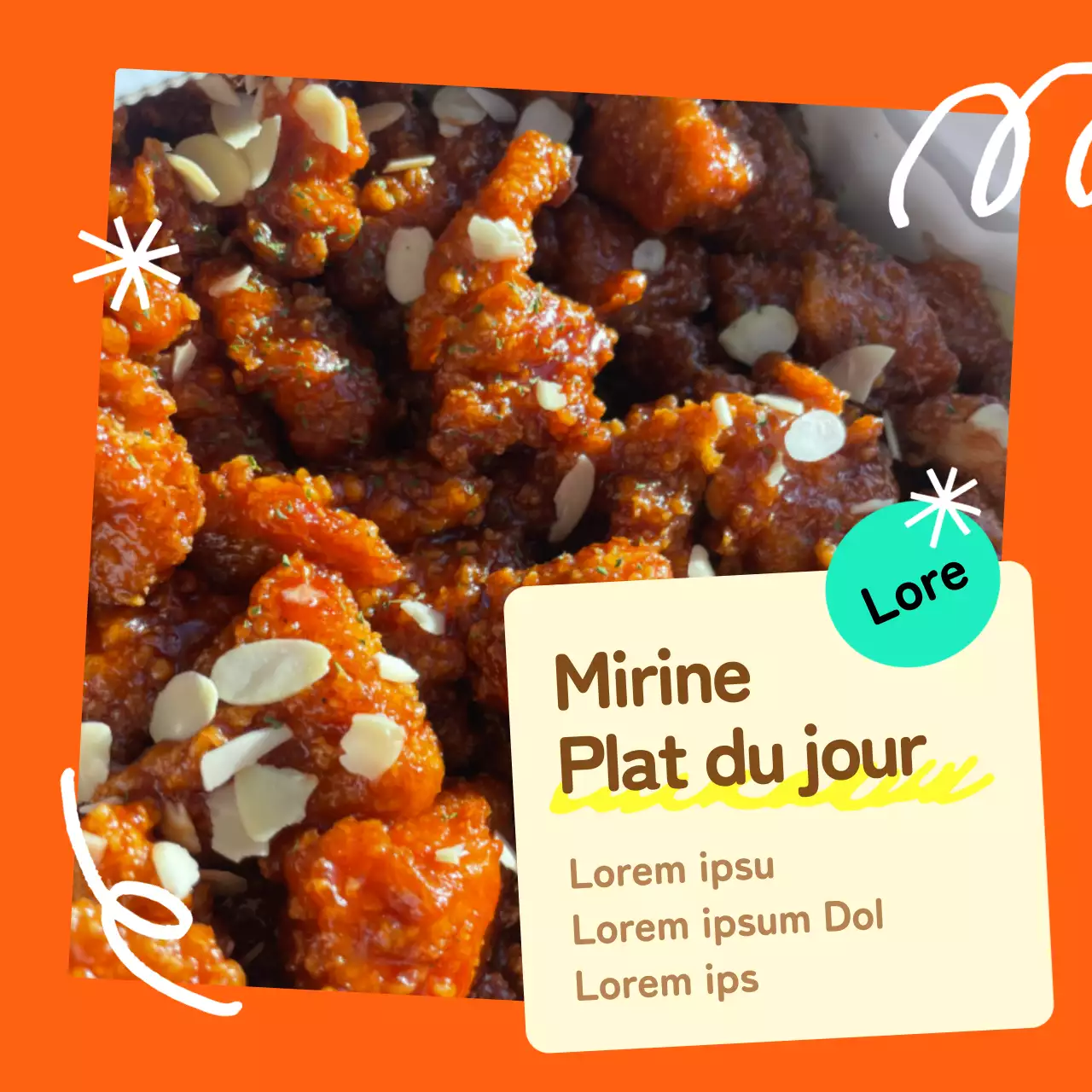 Matériel promotionnel d'un délicieux restaurant banchan avec des couleurs orange et des photos de poulet kangjeong.