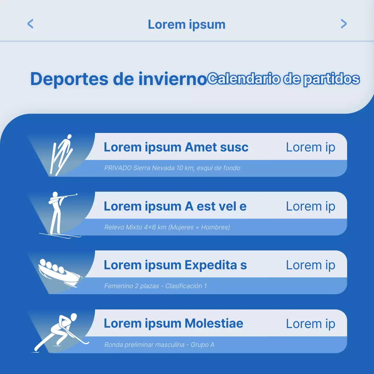 Calendario de deportes de invierno con un concepto de interfaz de usuario en blanco y azul