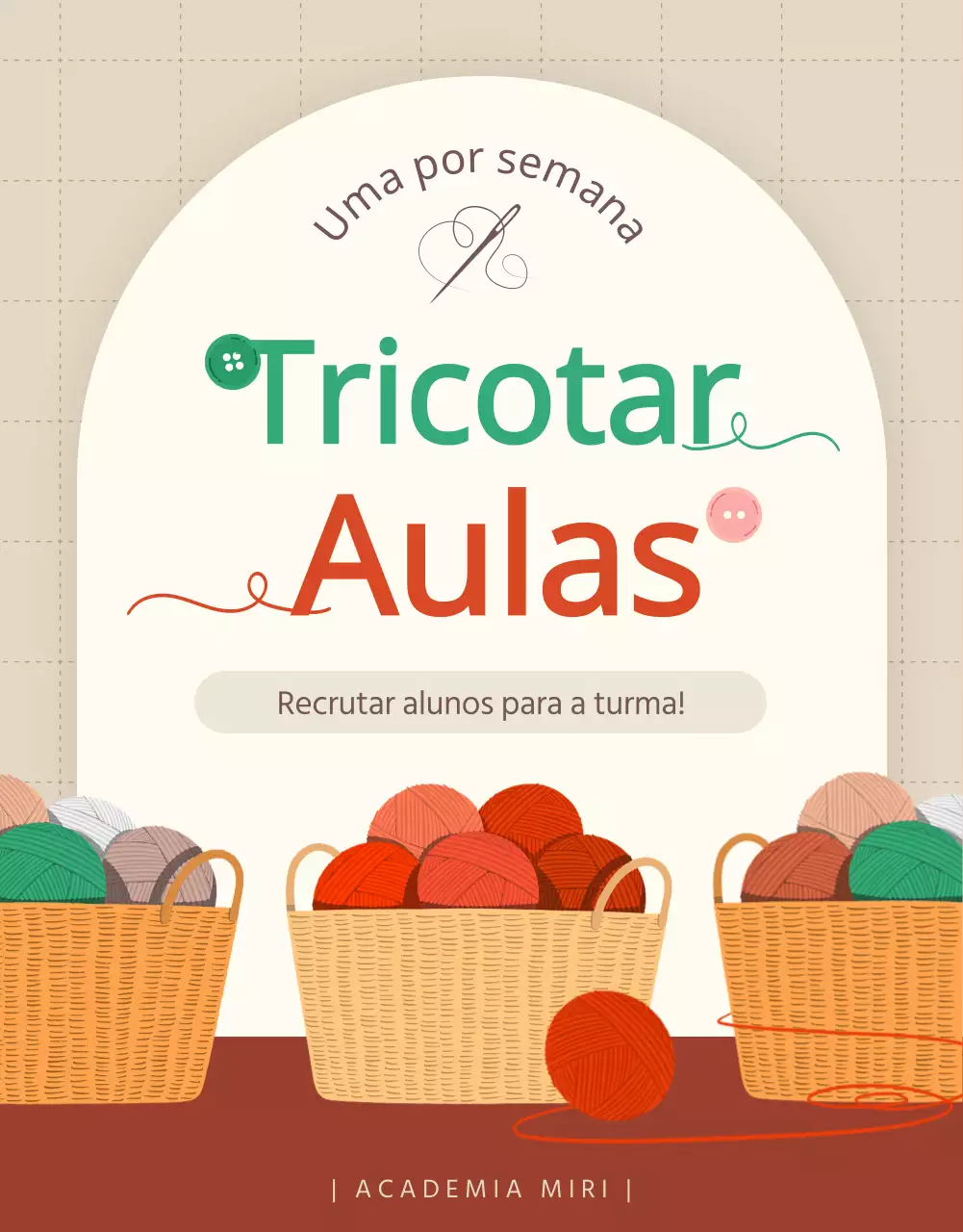 Promover o recrutamento para uma aula de tricô em bege e vermelho.