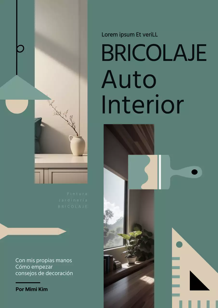 Libro interior con marcos de fotos en verde y beige e ilustraciones de herramientas de interior