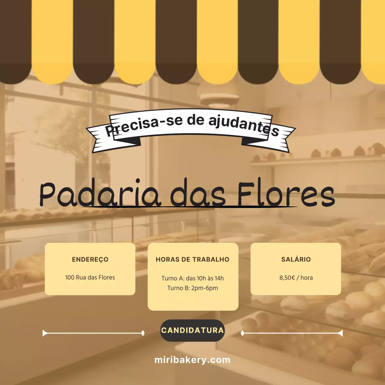 Anúncio de emprego simples para padaria em amarelo e castanho