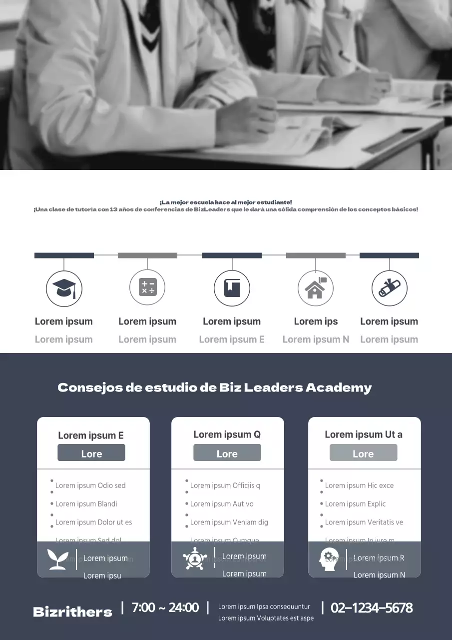 Promoción de una academia con fotos en blanco y negro de alumnos estudiando en sodomía