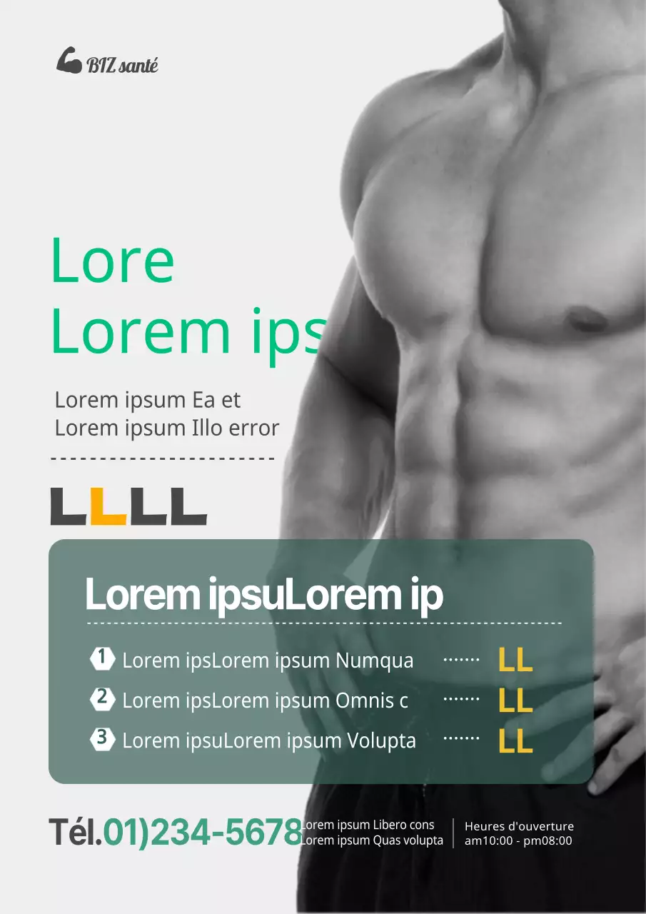 Flyer promotionnel d'un magasin de fitness moderne en noir et gris